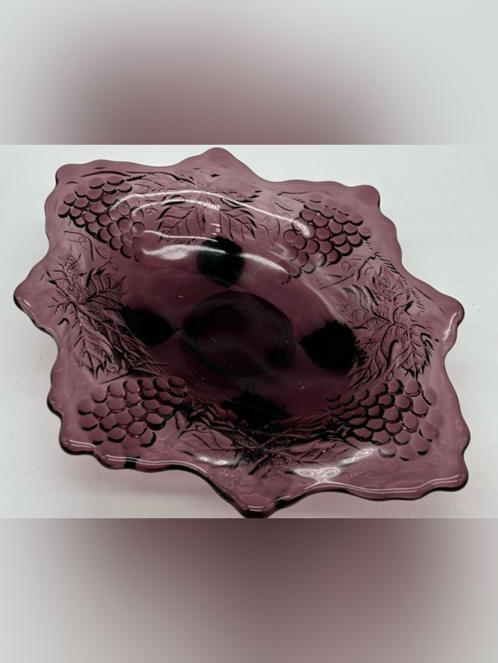 Vintage Mosser Glass Amethyst Footed Bowl – Grape & Leaf Pattern – 8.5”